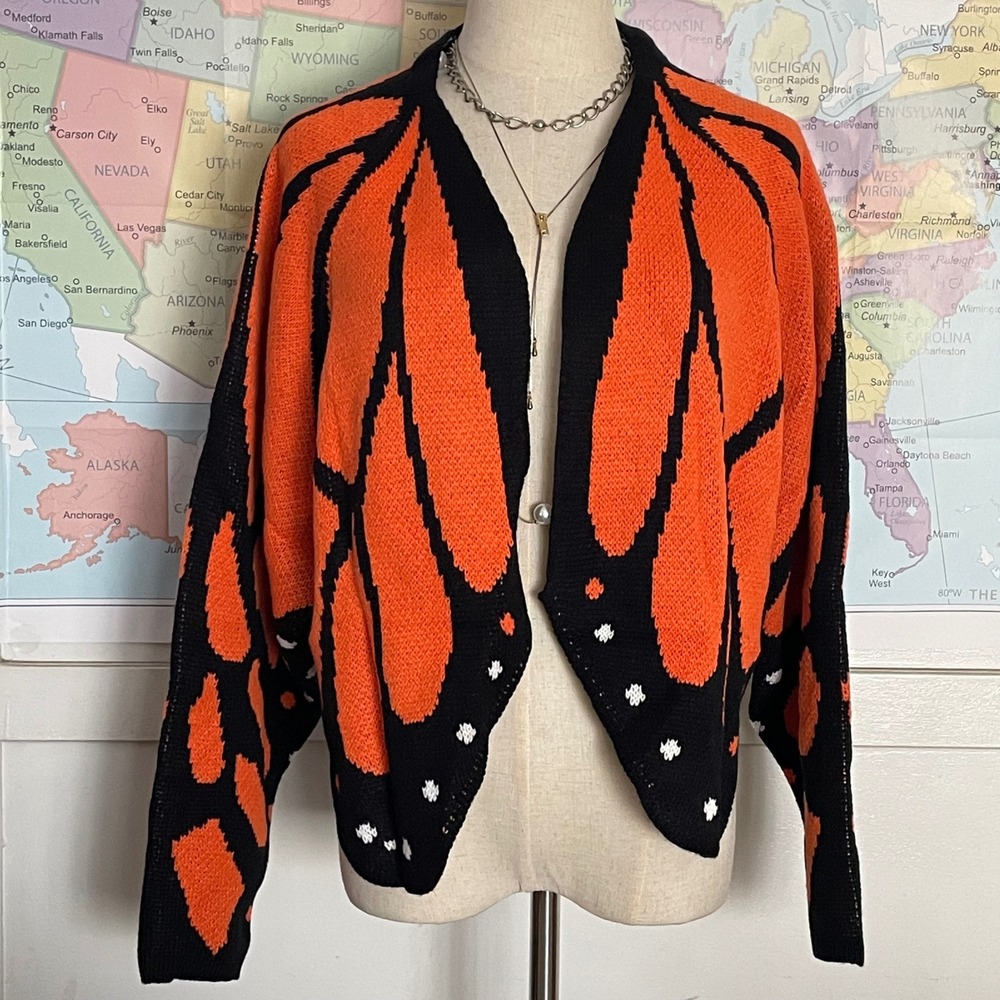 Orange Black Butterfly Wing Knit Cardigan Open Front Scalloped XXL NEW monarch